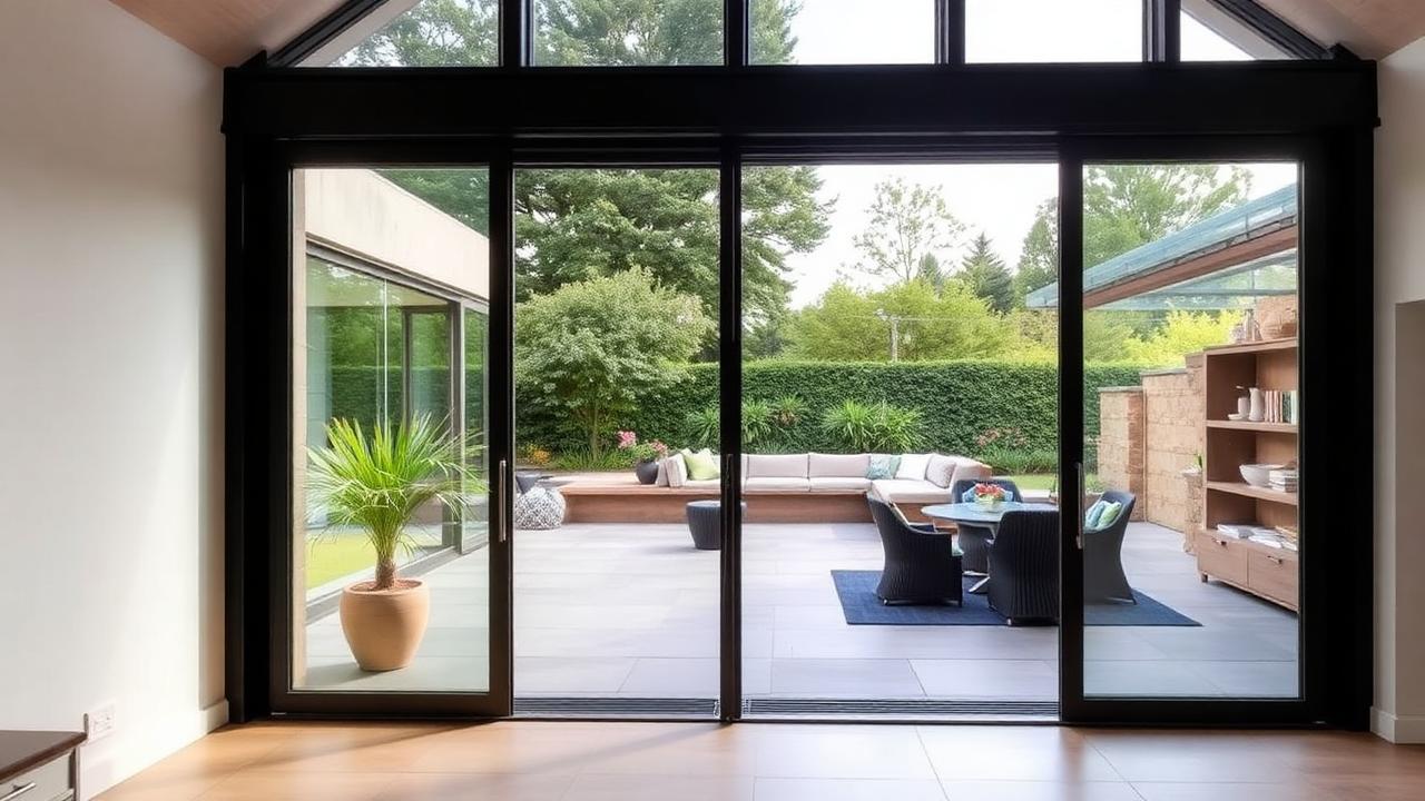 Porte-fenêtre coulissante aluminium ouverte sur une terrasse